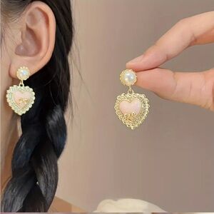 Pearl Heart Drop Earrings Gold Tone Romantic Coquette